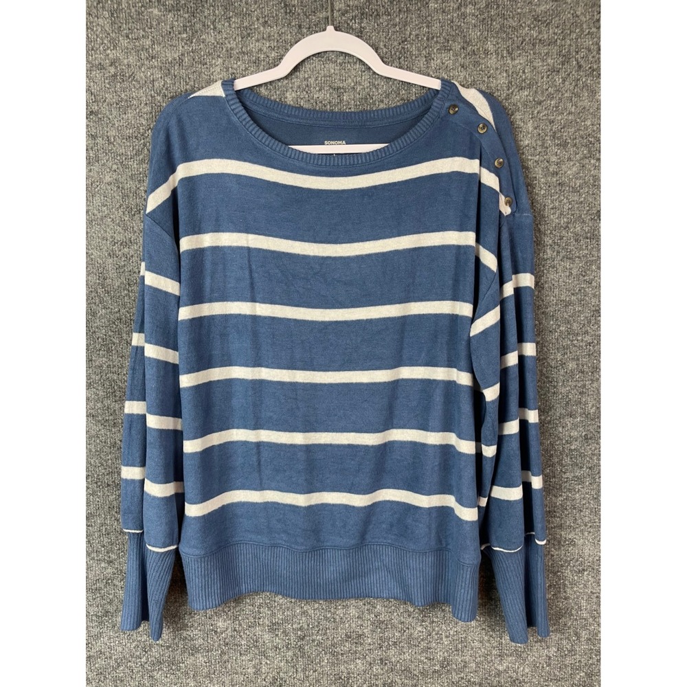 Sonoma Striped Sweater Women's Large Blue Excellent Button Shoulder Knit Top